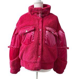 Forever 21 Womens Hot Pink Sherpa Jacket JuniorSize L With Faux Leather Sleeves